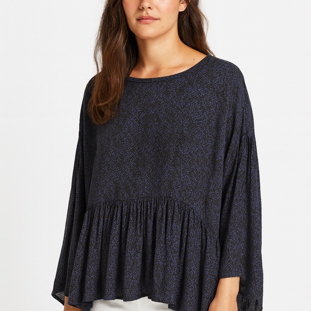 Masscob Blue Printed Peplum Blouse Relaxed Fit Size L Viscose Wool Made In Spain